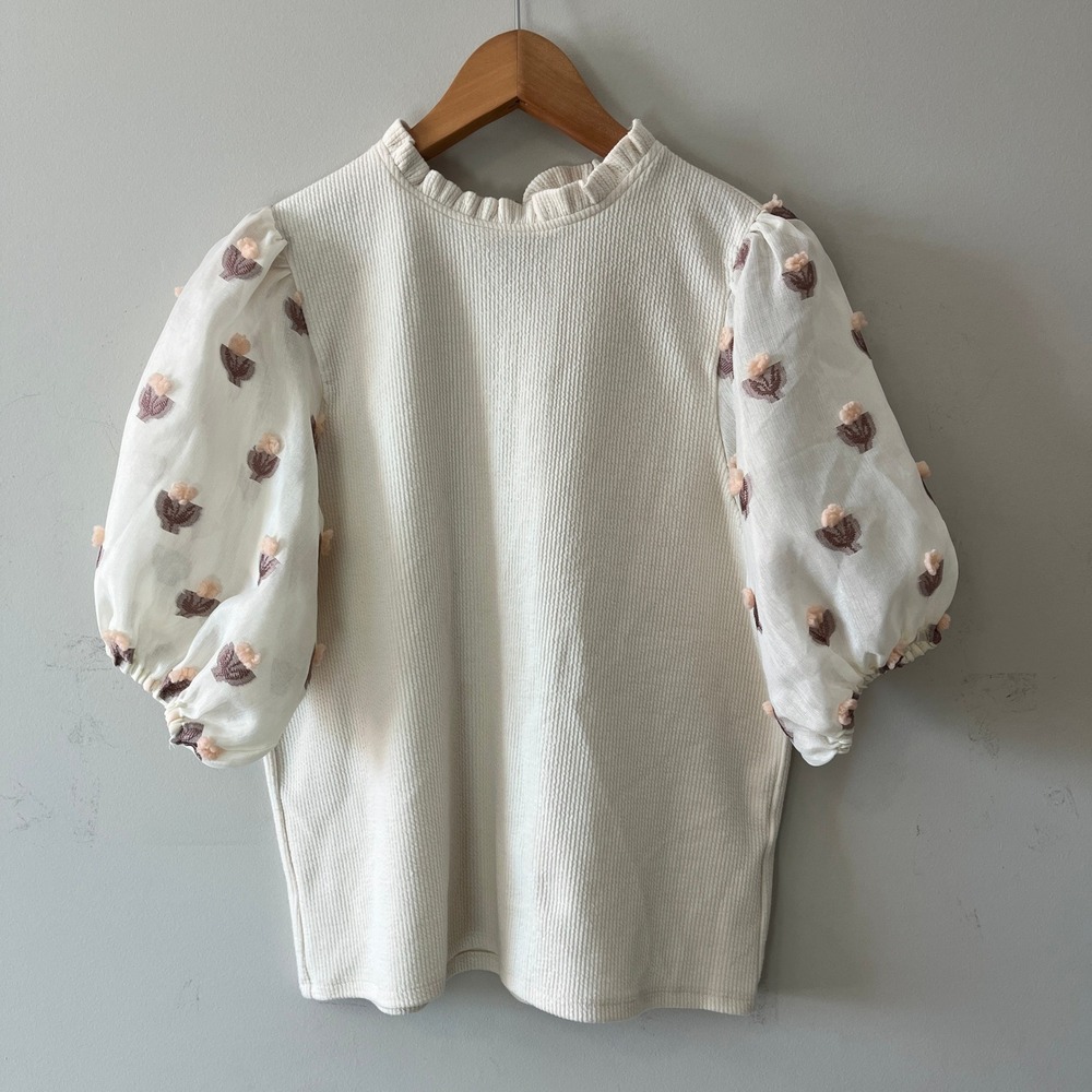 THML JH1566-CR Puff Sleeve Floral Top Cottagecore Cream Small Pom Pom Accents